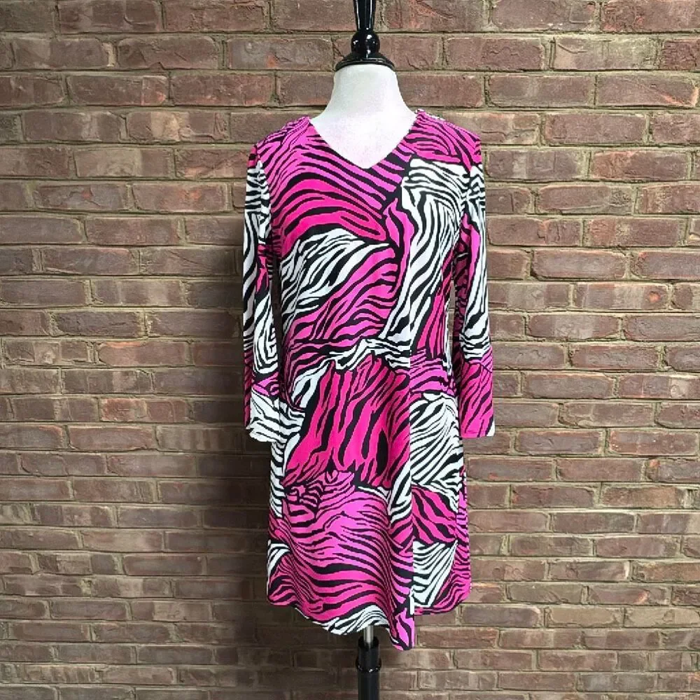 Jude Connally Pink White Black Lexi Zebra Print Nylon Shift Dress Size L